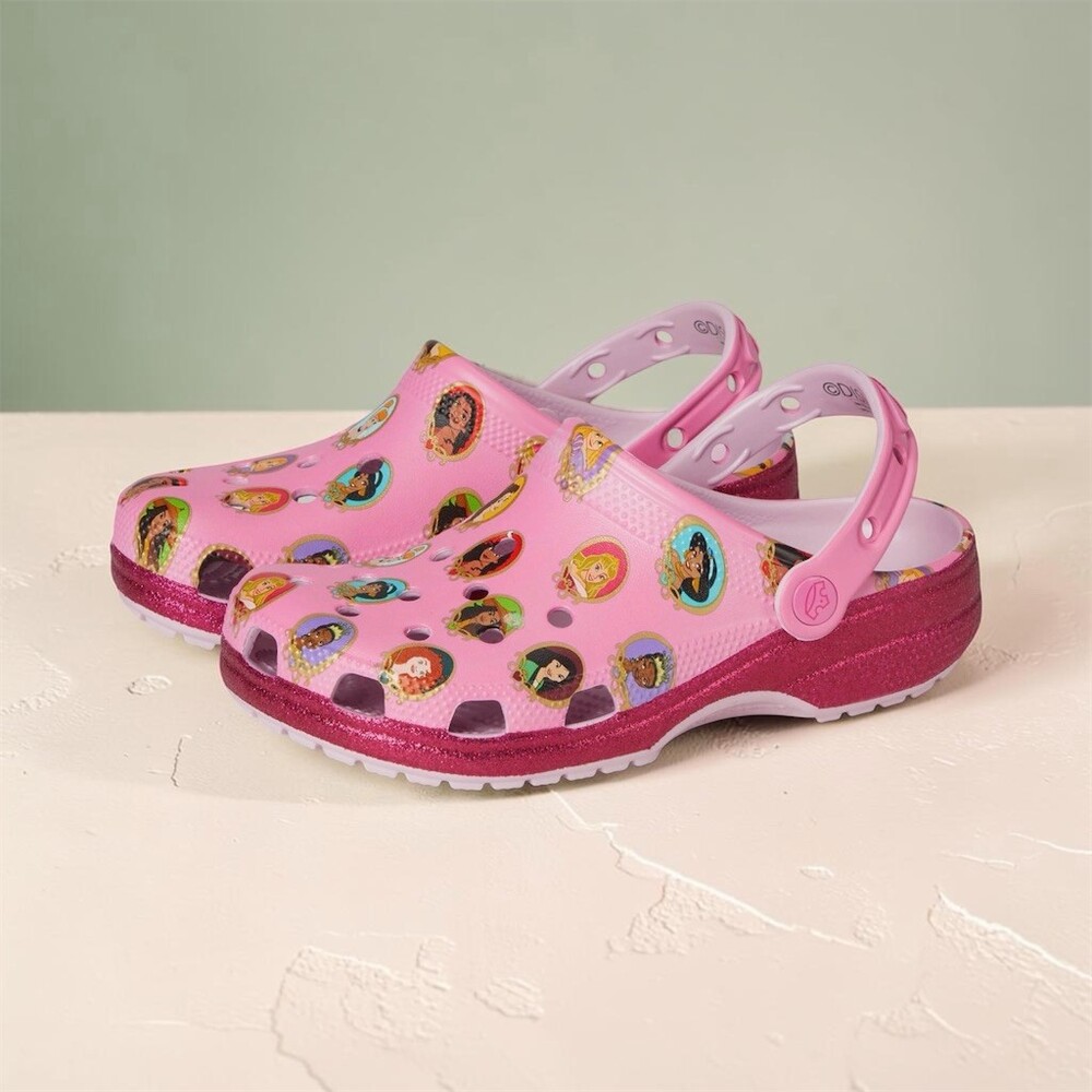 Crocs Classic Clog Sandals Girls Disney Princess Pink Multi Glitter Slip Size J3